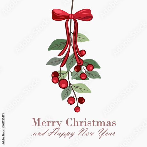 Red Christmas bow and mistletoe leaves. New Year's card, Christmas greetings, Happy New Year and Merry Christmas. Holly berry branch.