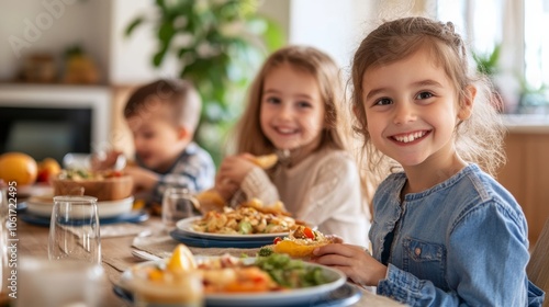 A table set for family dinner, with children happily eating and a blank space left on the table for text, perfect for captions or advertisements