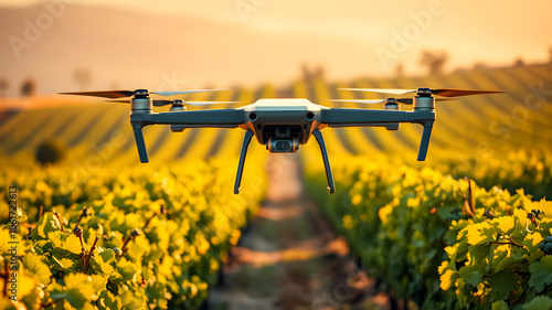 Drone with digital camera flying over vineyards in sunset light.