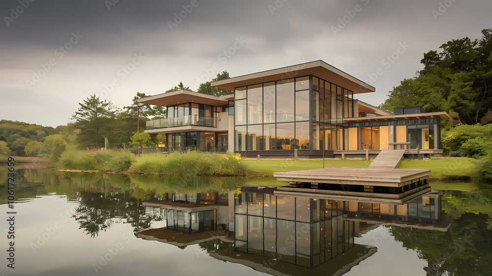 Modern lakefront home surrounded by lush greenery, featuring large glass windows and a wooden deck extending over calm waters, perfect for serene living and picturesque views. Modern lakefront home surrounded by lush greenery, featuring large glass windows and a wooden deck extending over calm waters, perfect for serene living and picturesque views.