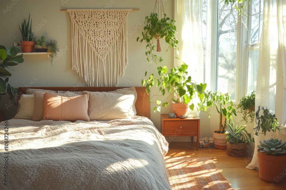 bohemian home decor, handcrafted macrame decor in a peaceful bedroom with neutral colors, succulents, and gentle sunlight filtering through bohemian home decor, handcrafted macrame decor in a peaceful bedroom with neutral colors, succulents, and gentle sunlight filtering through