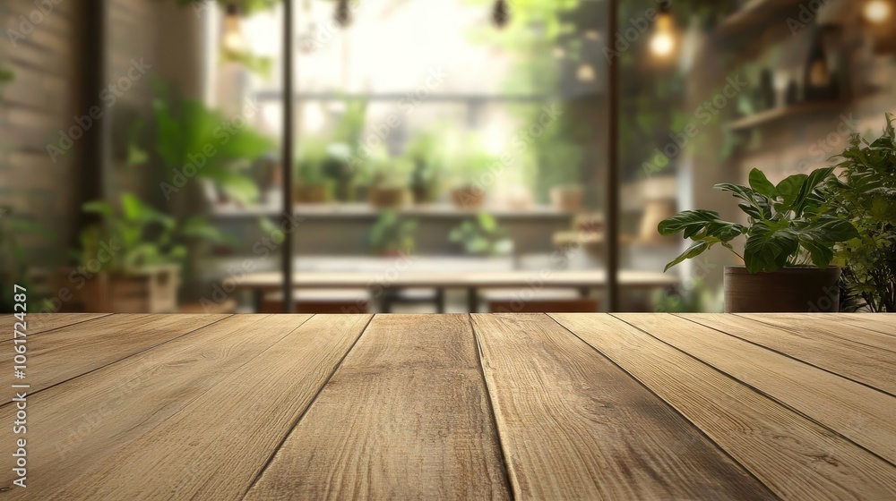 Serene coffee shop ambiance featuring an empty wooden table surrounded by a blurry background Serene coffee shop ambiance featuring an empty wooden table surrounded by a blurry background
