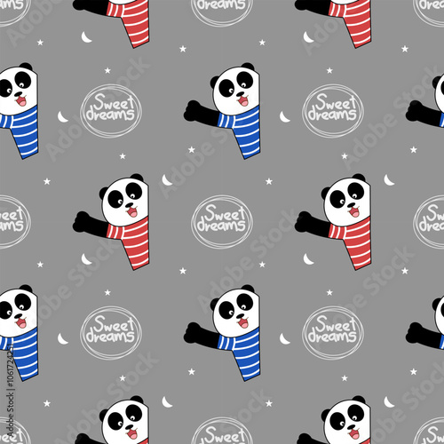 Panda sweet dream cartoon so cute.on star moon grey background. Pattern seamless vector illustration.