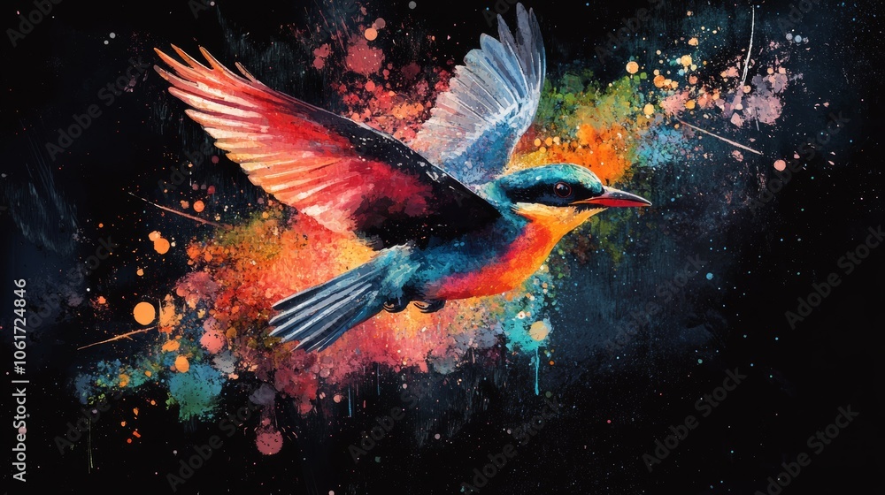 Fototapeta premium A watercolor animal vector art of a bird in flight, with bright, bold colors and fluid brushstrokes, set against a dark background to enhance the vibrancy