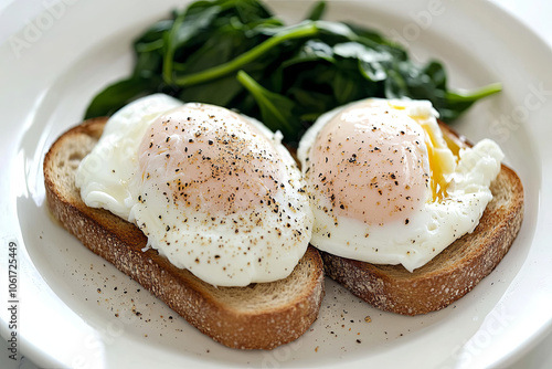 A plate of poached eggs on whole grain toast with a side of spinach photo