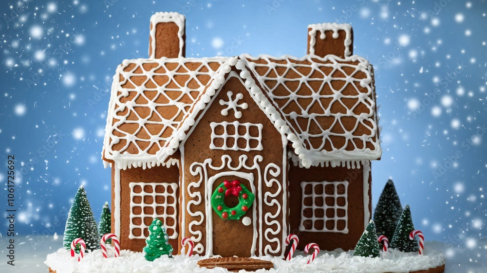 Festive Gingerbread House with Snowfall and Candy Canes Christmas Decoration Festive Gingerbread House with Snowfall and Candy Canes Christmas Decoration
