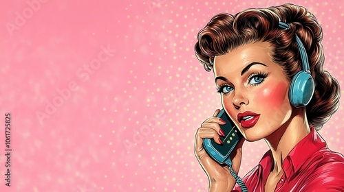 Vintage Woman Talking on Telephone with Pink Background