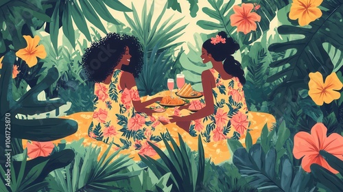 Two Friends Enjoying a Tropical Picnic in Nature