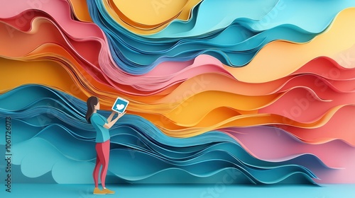 Colorful Abstract Waves with Woman Holding Tablet