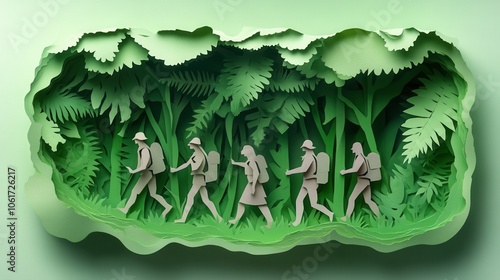 Forest Adventure with Hikers in Paper Cut Style