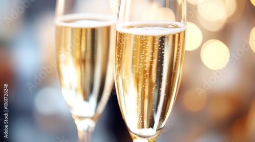 Two champagne glasses with sparkling bubbles, warm bokeh lights.