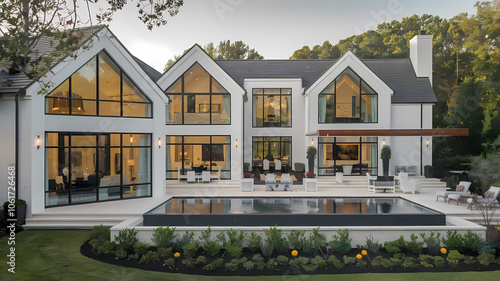 Stunning modern home with large glass windows, featuring a sleek pool and beautifully landscaped yard, ideal for luxury living and outdoor relaxation. Perfect for architectural enthusiasts.