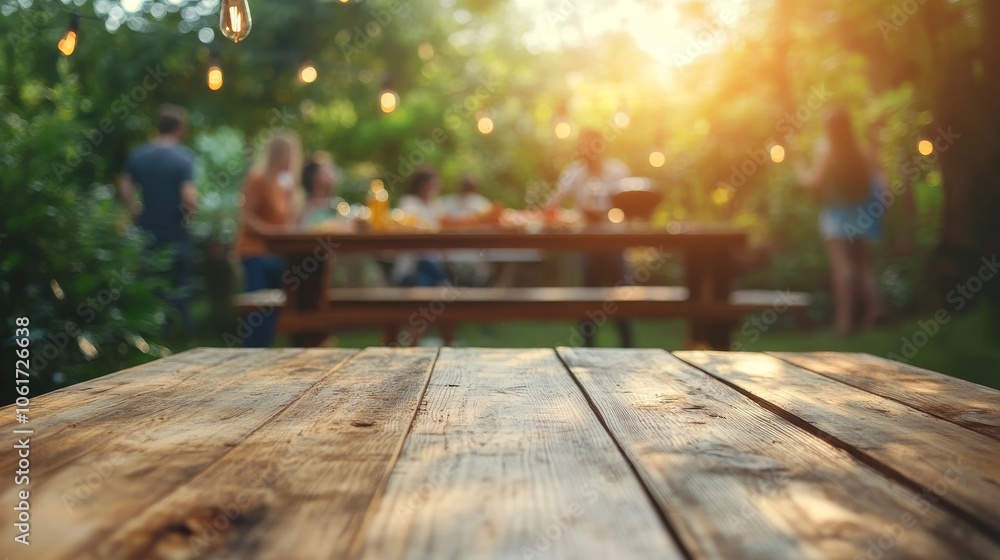 Outdoor summer bbq gathering with a blurred view and a rustic wooden table in a garden setting Outdoor summer bbq gathering with a blurred view and a rustic wooden table in a garden setting