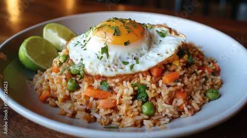 Delicious Fried Rice with Egg on a White Plate