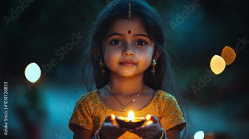 A young girl holding a diya, with a glow on her face as she participates in the Diwali celebrations with her family, symbolizing the beauty of traditions photo