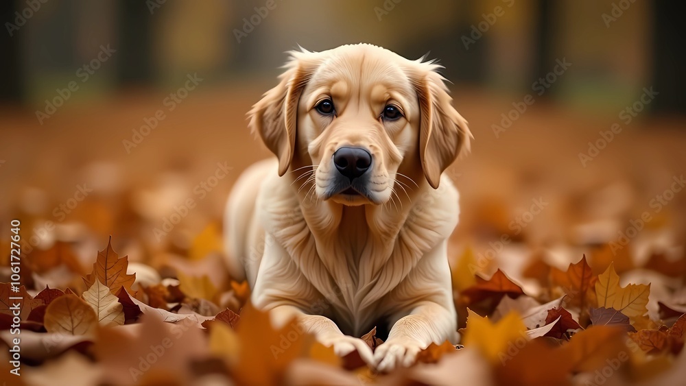Labrador retriever lying on autumn leaves Labrador retriever lying on autumn leaves