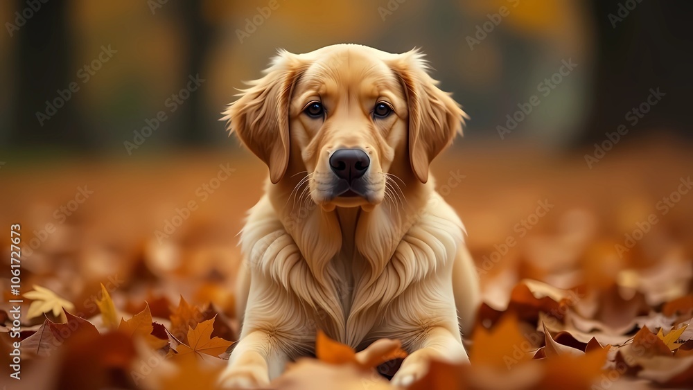 Labrador retriever lying on autumn leaves Labrador retriever lying on autumn leaves