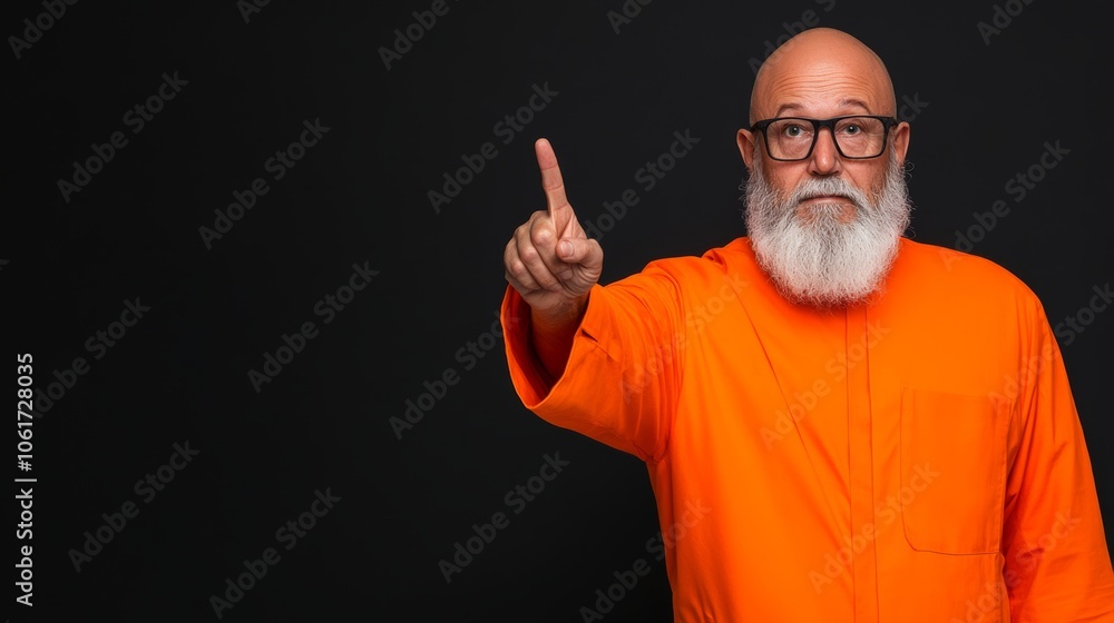 Fototapeta premium Man with a beard and glasses is pointing at something with his finger. He is wearing an orange shirt