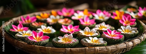 Detailed Craftsmanship of a Banana Leaf Krathong.ntricate craftsmanship, natural materials, cultural heritage, Loy Krathong Festival, Thai traditions, spirituality, wishes and hopes. photo