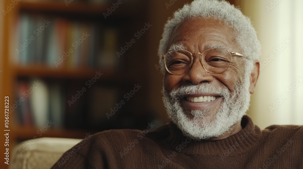 Man with a big smile on his face is sitting on a couch. He is wearing glasses and a brown sweater Man with a big smile on his face is sitting on a couch. He is wearing glasses and a brown sweater