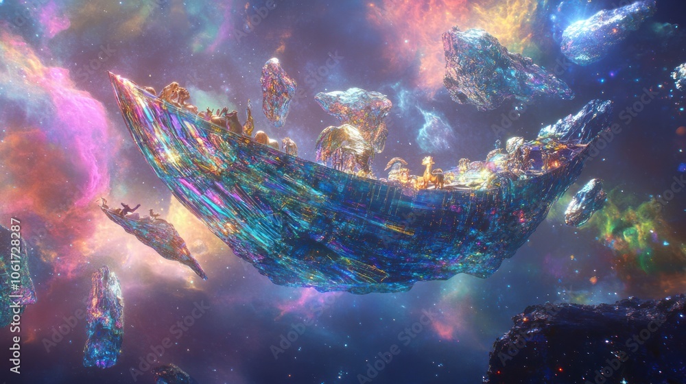 Fototapeta premium a conceptual Noah's Ark featuring holographic elements and a celestial design. Animals are depicted in a radiant and ethereal manner,