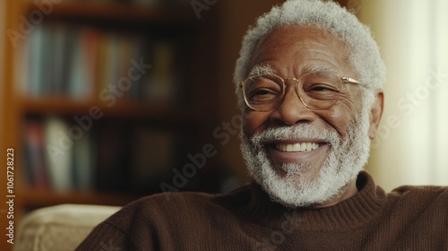 Man with a big smile on his face is sitting on a couch. He is wearing glasses and a brown sweater