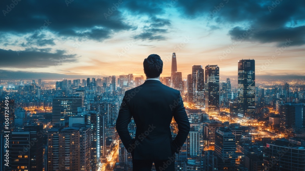 An entrepreneur standing confidently in front of a city skyline at dusk, with the modern urban landscape representing ambition, success, and leadership An entrepreneur standing confidently in front of a city skyline at dusk, with the modern urban landscape representing ambition, success, and leadership