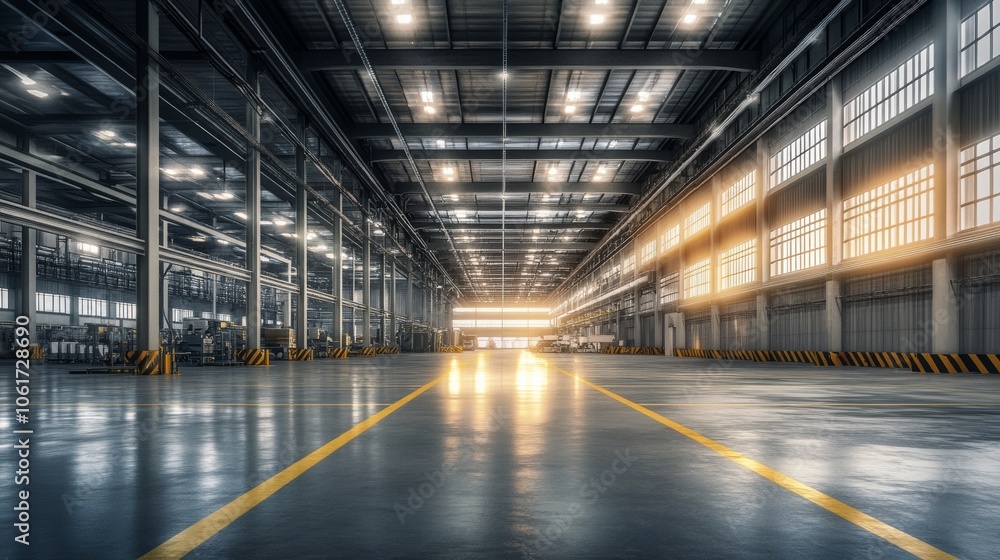 An industrial complex with a contemporary design, featuring sleek lines, large open spaces, and sustainable technology for manufacturing or production An industrial complex with a contemporary design, featuring sleek lines, large open spaces, and sustainable technology for manufacturing or production