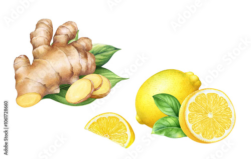 Watercolor illustrations of ginger root and lemon with green leaves and slices. Hand drawn realistic botanical illustraton
