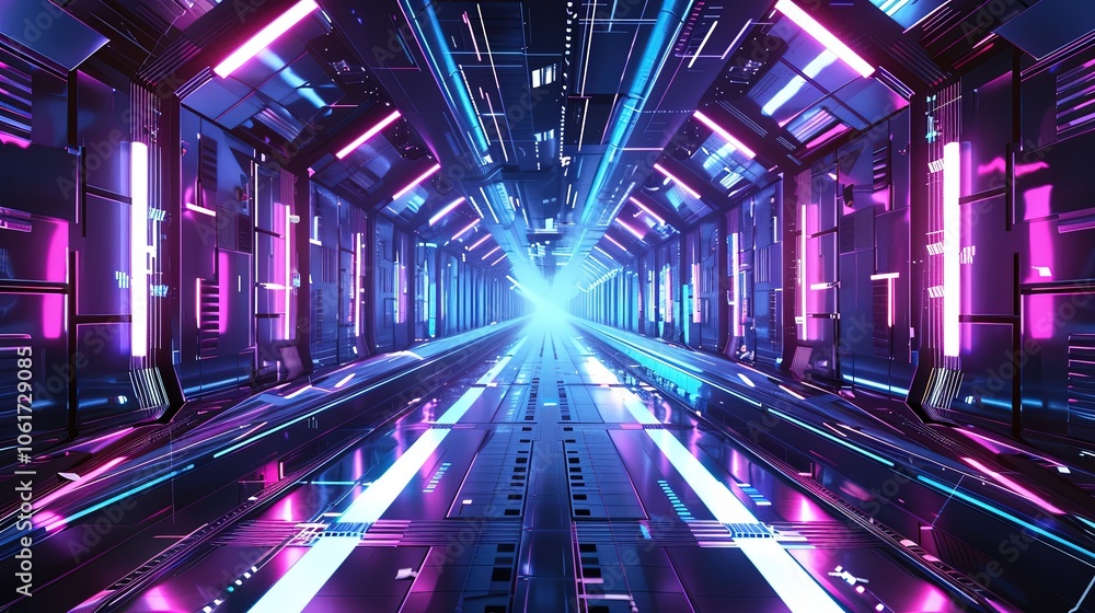 Fototapeta premium Futuristic Neon Tunnel with Vibrant Lights and Reflections in Sci-Fi Style