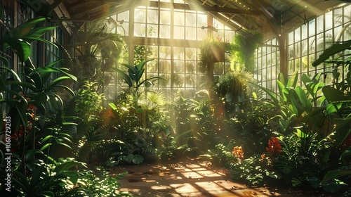 Sunlit greenhouse filled with lush green plants and natural ambiance