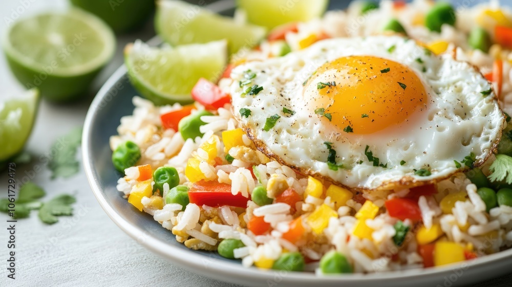 Colorful Plate of Fried Rice with Egg Garnish Colorful Plate of Fried Rice with Egg Garnish