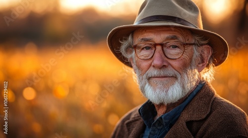 Man with a hat and glasses is smiling in a field of yellow grass. Concept of warmth and happiness, as the man is enjoying the outdoors