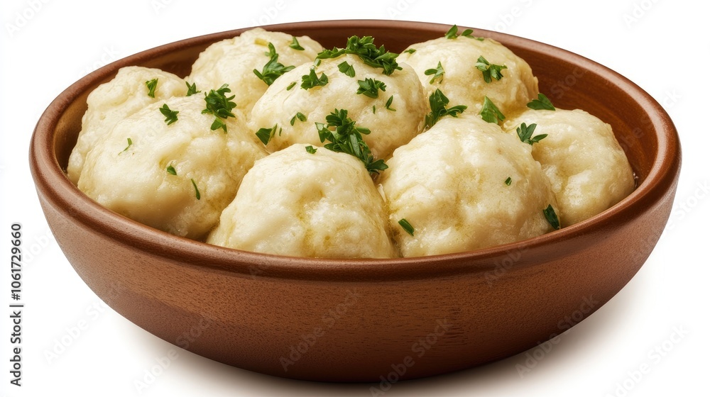 Close-up of Comforting Brown Bowl of Dumplings Close-up of Comforting Brown Bowl of Dumplings