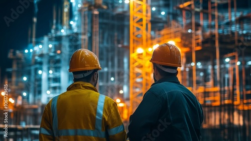 Engineers in helmets collaborating at a construction site at night, with the site brightly illuminated and machinery operating in the background