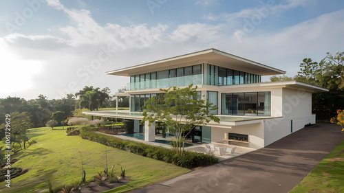 Modern luxury home surrounded by greenery, featuring large glass windows and multiple balconies, set against a bright sky and landscaped yard. Perfect blend of elegance and nature.