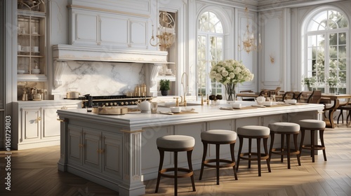 Luxury apartment kitchen with a modern classic design, featuring white cabinetry and high-end finishes.