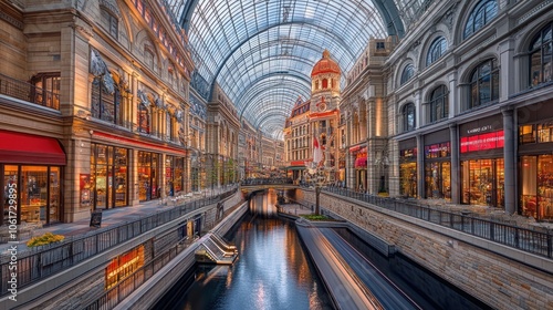 A grand, ornate shopping mall with a central canal, featuring a glass arched ceiling and storefronts.