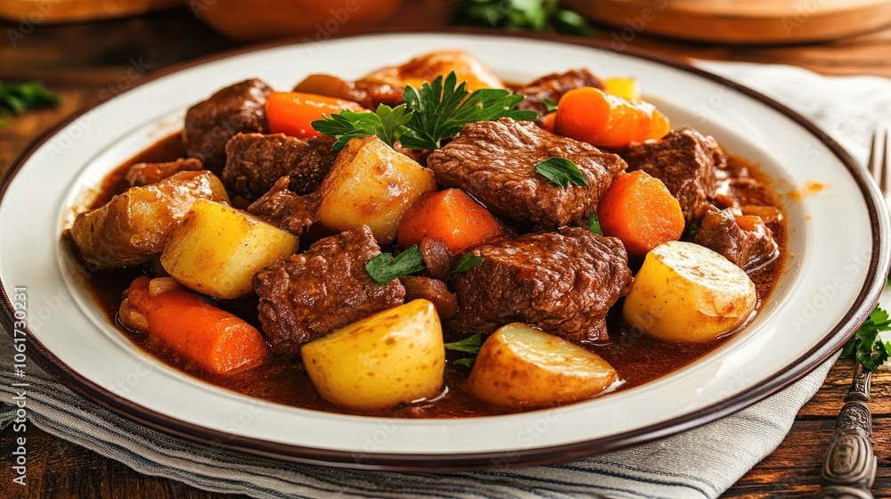 Tender Beef Stew on a Rustic Plate Tender Beef Stew on a Rustic Plate