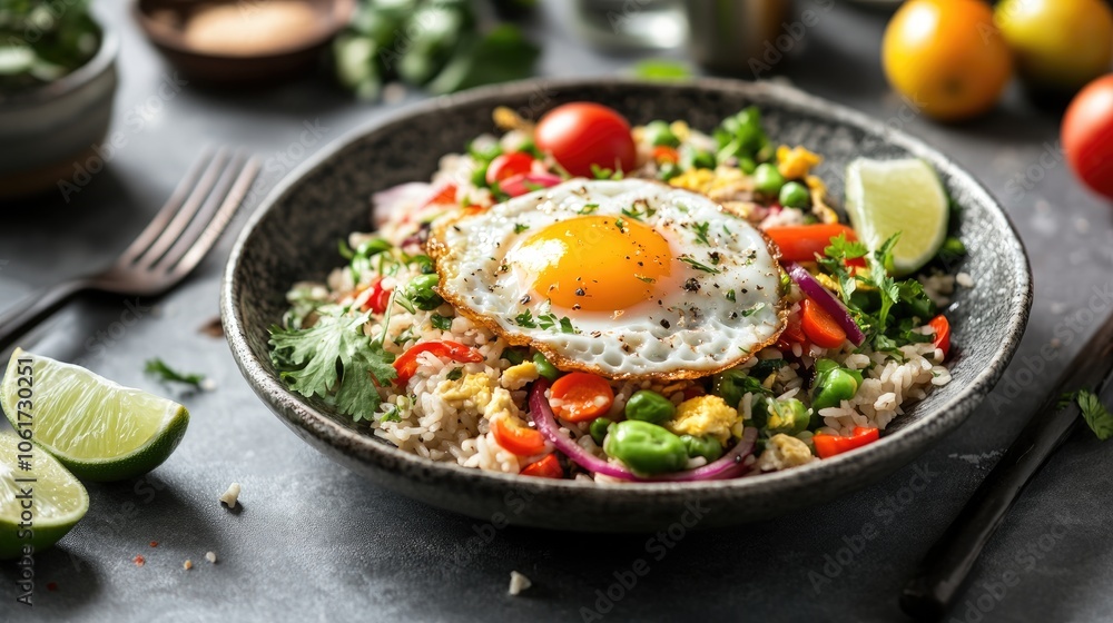 Fried Rice Garnished with Fresh Vegetables and Egg Fried Rice Garnished with Fresh Vegetables and Egg