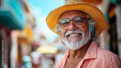 Man wearing a straw hat and glasses is smiling. He is wearing a pink shirt and has a necklace around his neck