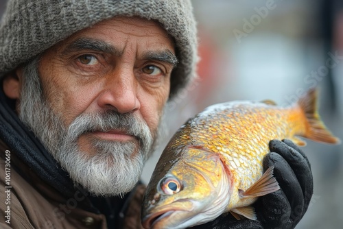 Man with a beard and gray hair holding a fish. The fish is brown and has a yellow belly