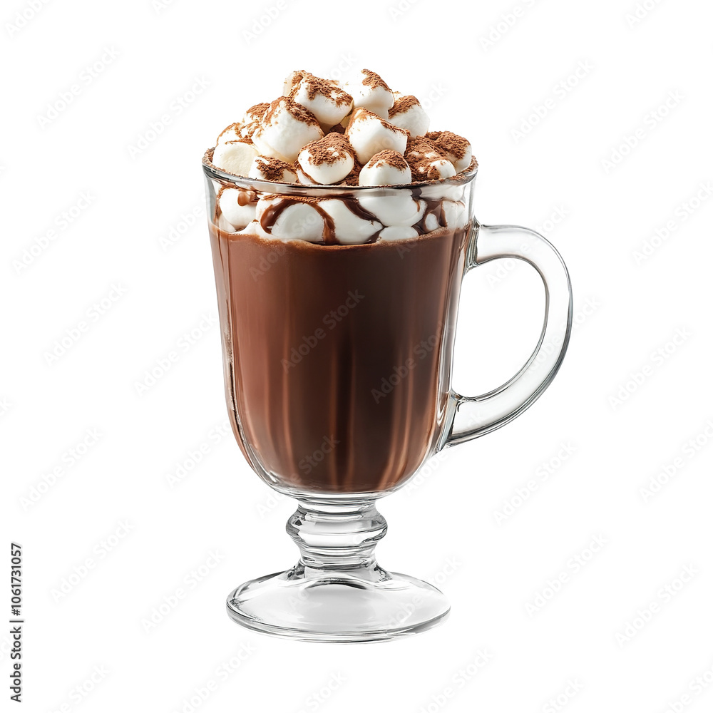 Christmas hot chocolate cocoa with marshmallows in glass cup PNG, cutout isolated on transparent background. Festive warm winter holiday season drink Christmas hot chocolate cocoa with marshmallows in glass cup PNG, cutout isolated on transparent background. Festive warm winter holiday season drink