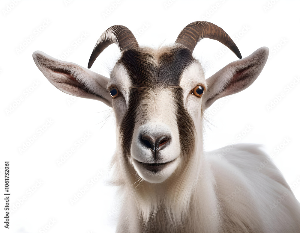 A detailed close-up portrait of a goat. The animal stands against a clean white background, showcasing its features and expressions. Ideal for nature and wildlife themes A detailed close-up portrait of a goat. The animal stands against a clean white background, showcasing its features and expressions. Ideal for nature and wildlife themes