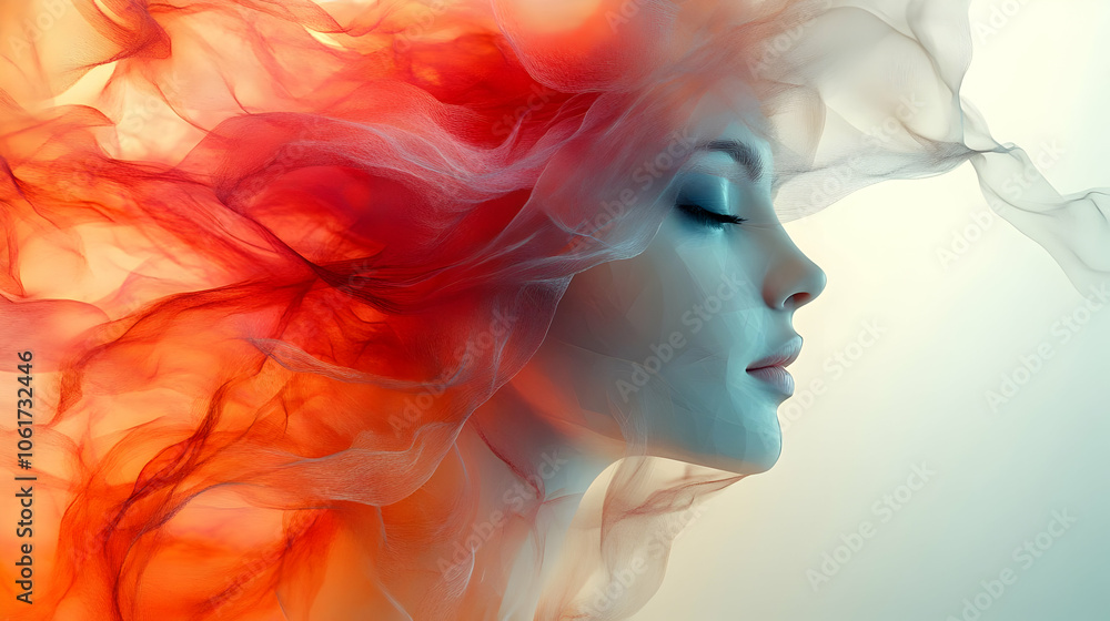 Abstract Illustration of a Woman's Face with Flowing Red and White Fabric Abstract Illustration of a Woman's Face with Flowing Red and White Fabric