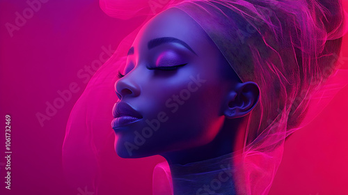 Woman's Face in Neon Pink and Blue Light - 3D Illustration