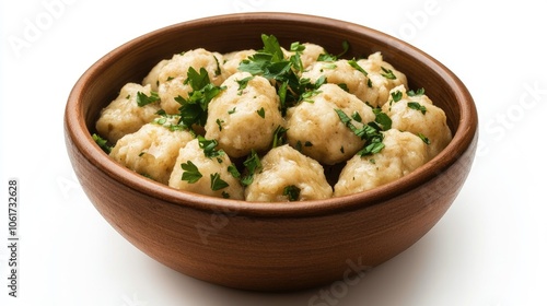 Brown Bowl Filled with Savory Dumplings and Herbs