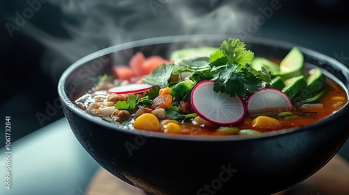 Steaming Bowl of Mexican Pozole with Fresh Toppings