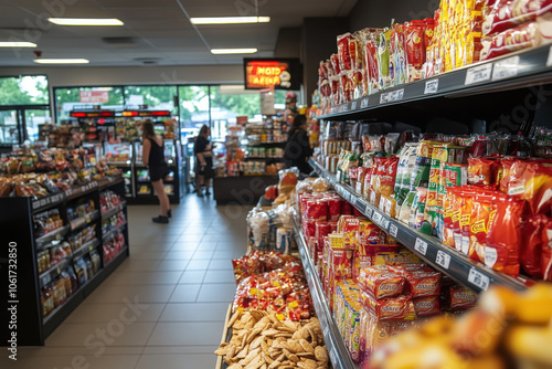 Well-Stocked Convenience Store Within The Gas Station, With Customers Browsing Snacks And Beverages While Attendants Assist At The Pumps