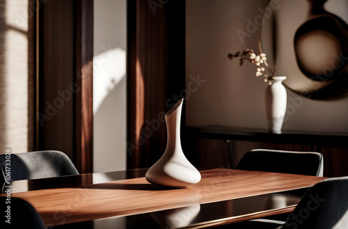 Close up details of modern designer touch dining room with wooden details in japandi style